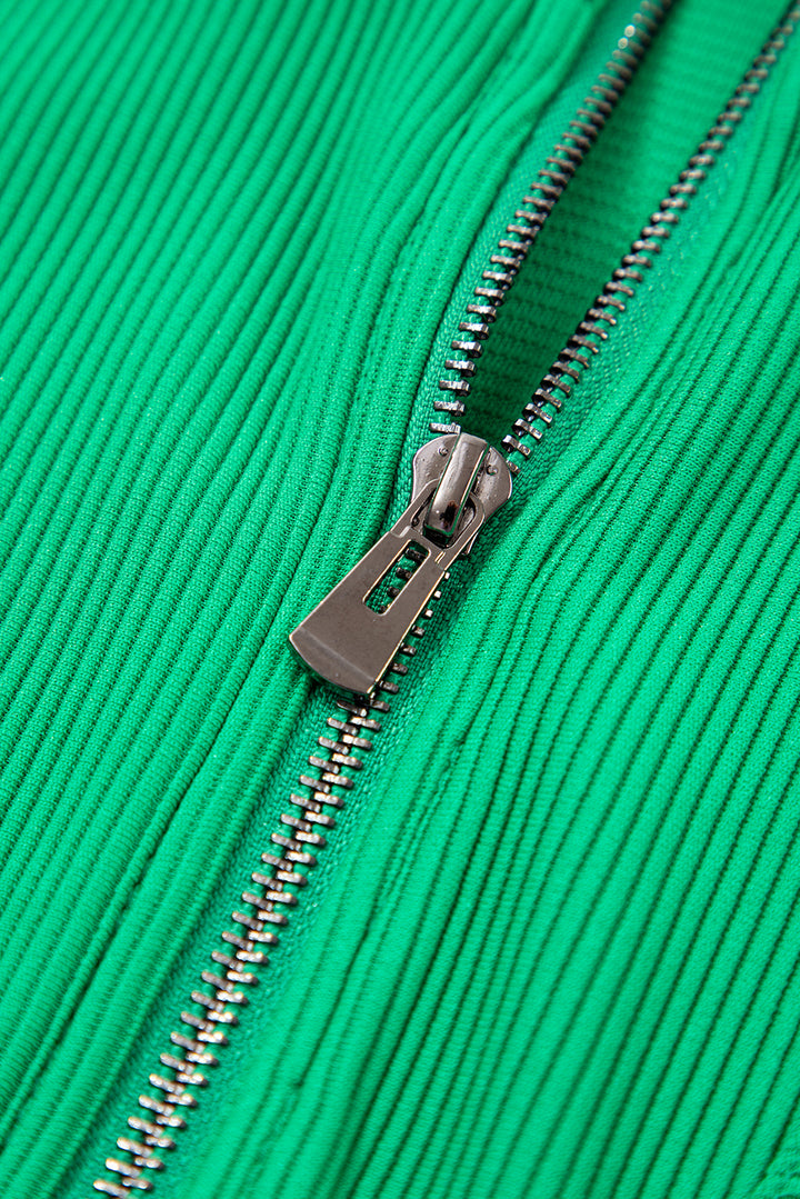 Bright Green Textured Short Sleeve Half Zip Drawstring Elastic Waistband Romper