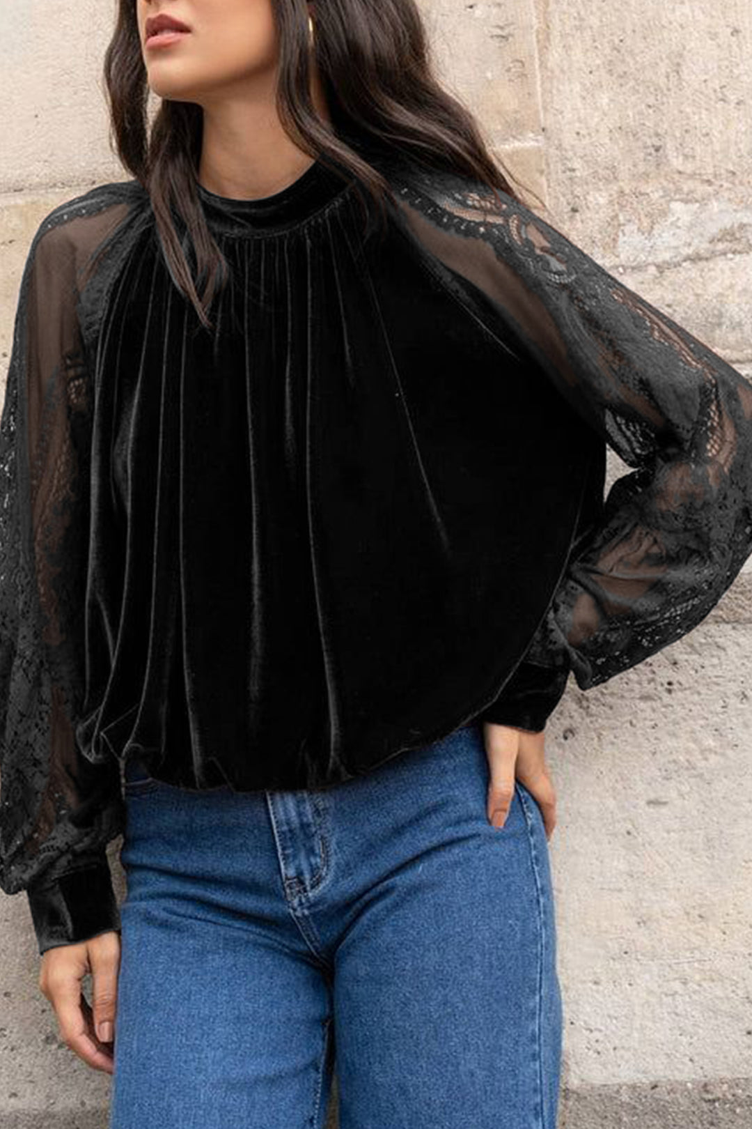 Black Sheer Lace Long Sleeve Patchwork Stand Neck Velvet Blouse