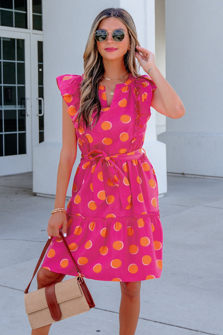 Rose Double Polka Dot V Neck Ruffled Short Sleeve Short Dress
