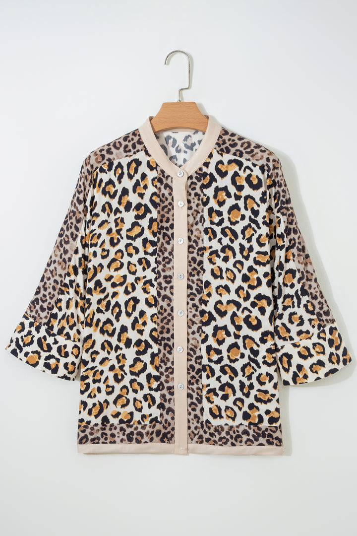 Mixed Leopard Patchwork 3/4 Sleeve Loose Shirt