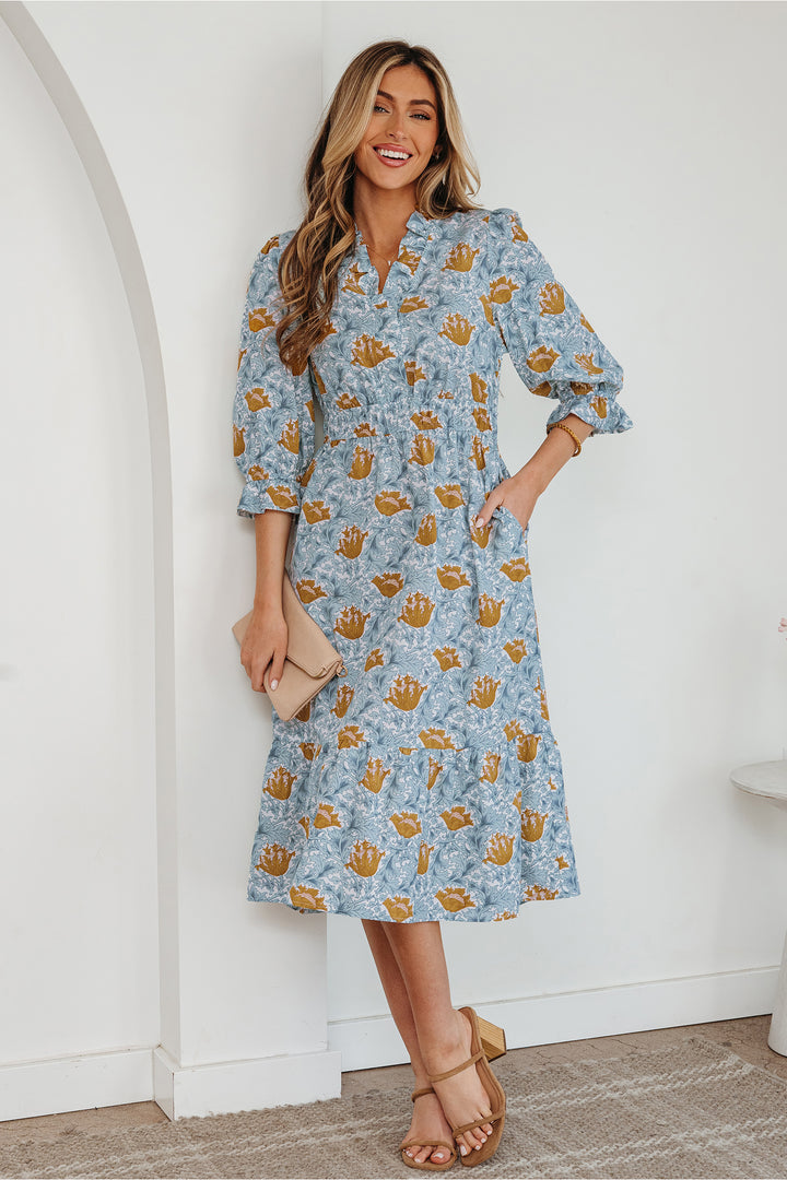 Floral Printed Frilled V Neck Bracelet Sleeve Long Dress