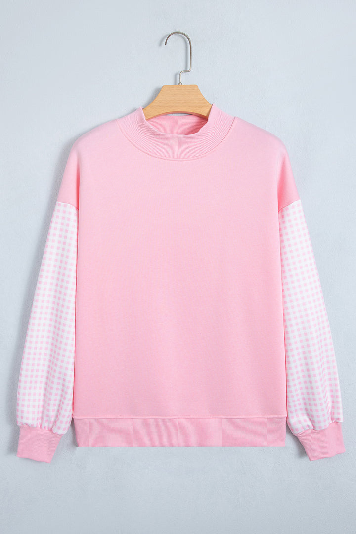 Pink Plaid Sleeve Colorblock Loose Tunic Sweatshirt