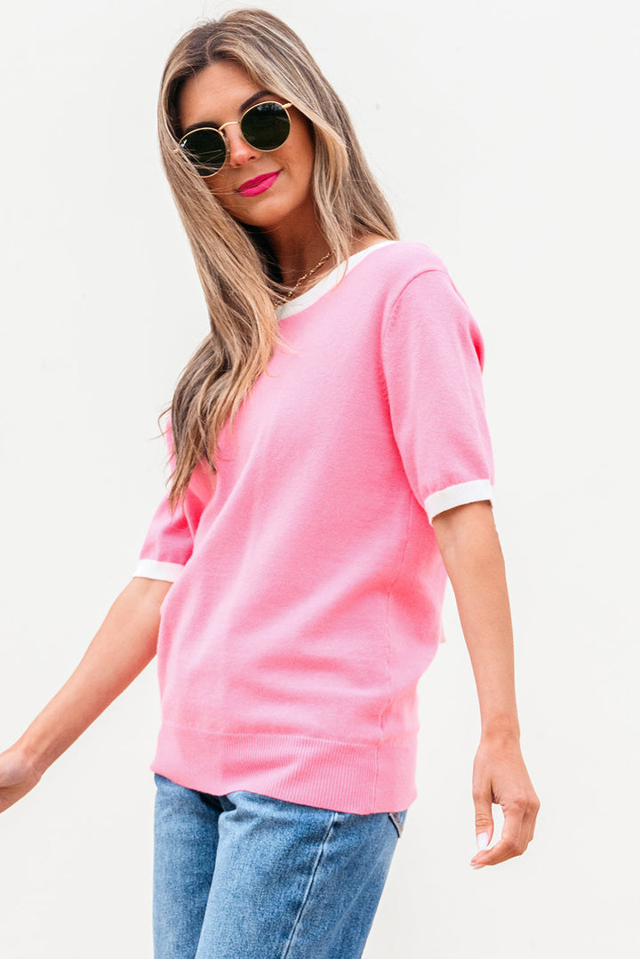 colorblock bow v shape cut back short sleeve sweater