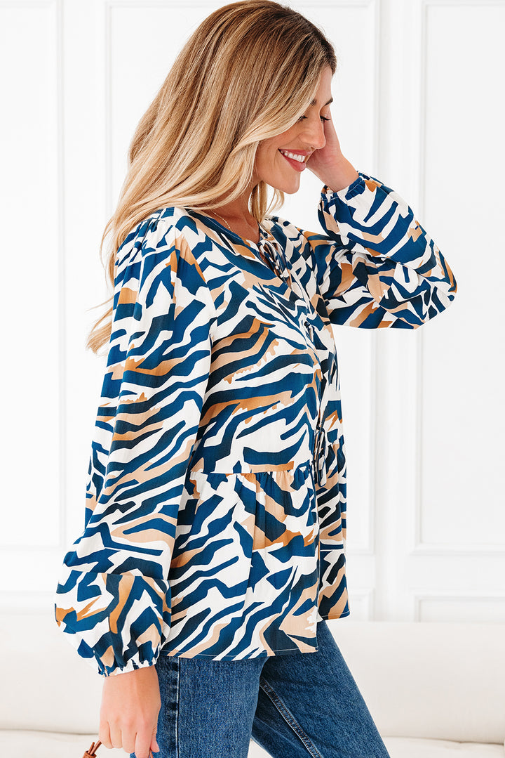Zebra Print Tied Front Puff Sleeve Top