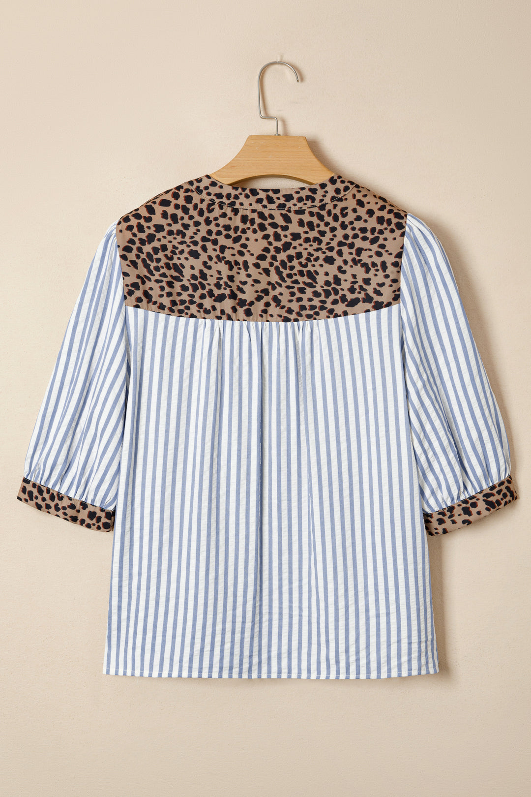 Leopard Trim V Neck Button Down Half Sleeve Shirt
