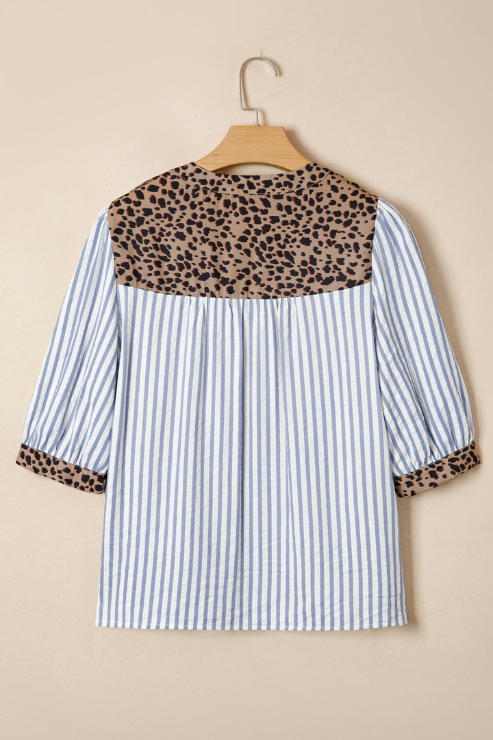 Leopard Trim V Neck Button Down Half Sleeve Shirt