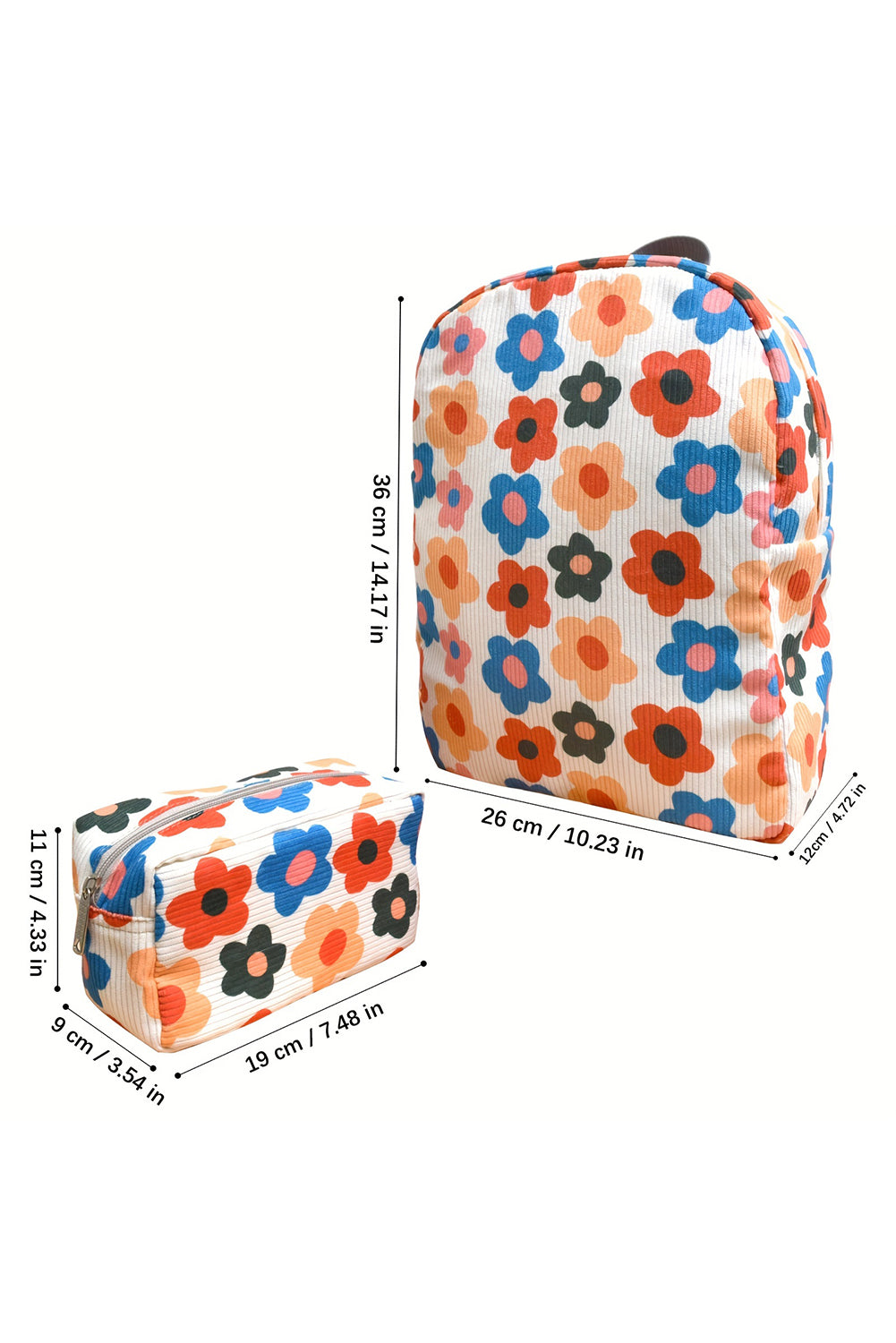 Sac à dos en velours côtelé à imprimé floral avec pochette assortie