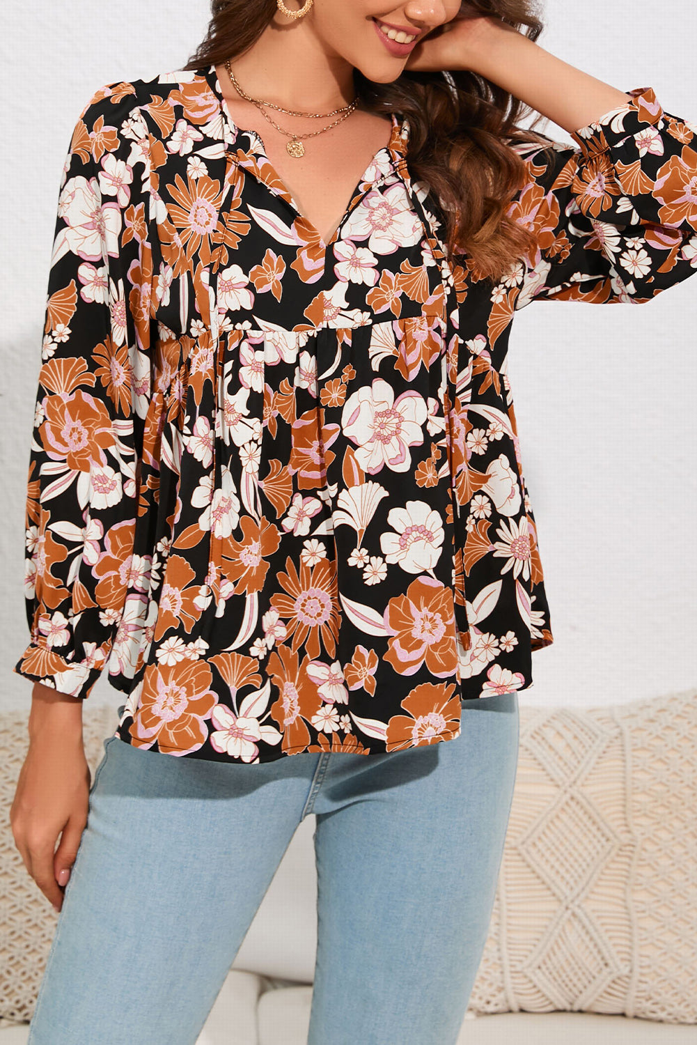 Brown Floral Print 3/4 Sleeve Babydoll Blouse