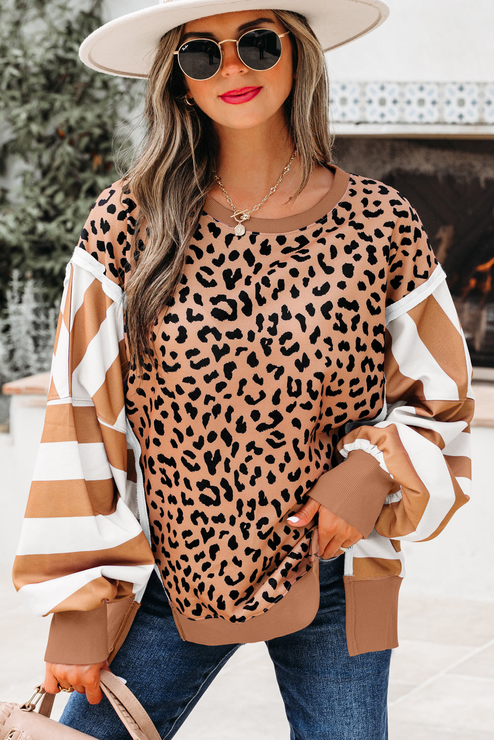Color Block Patchwork Leopard Casual Sweatshirt with Slits