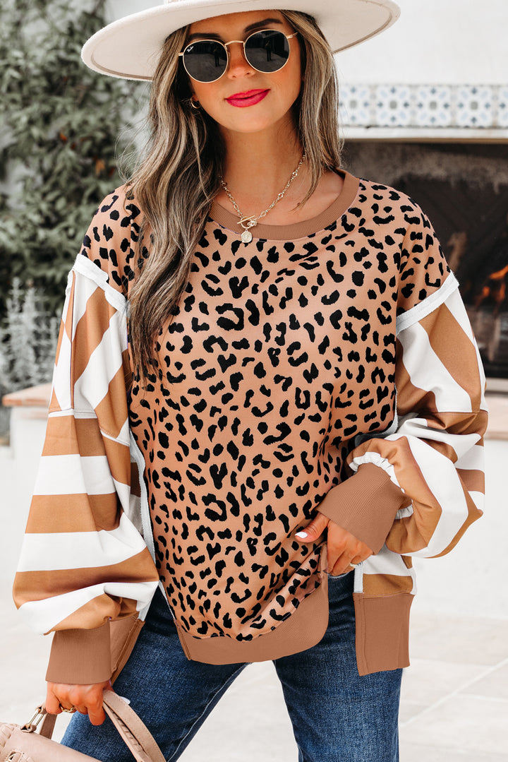 Color Block Patchwork Leopard Casual Sweatshirt with Slits