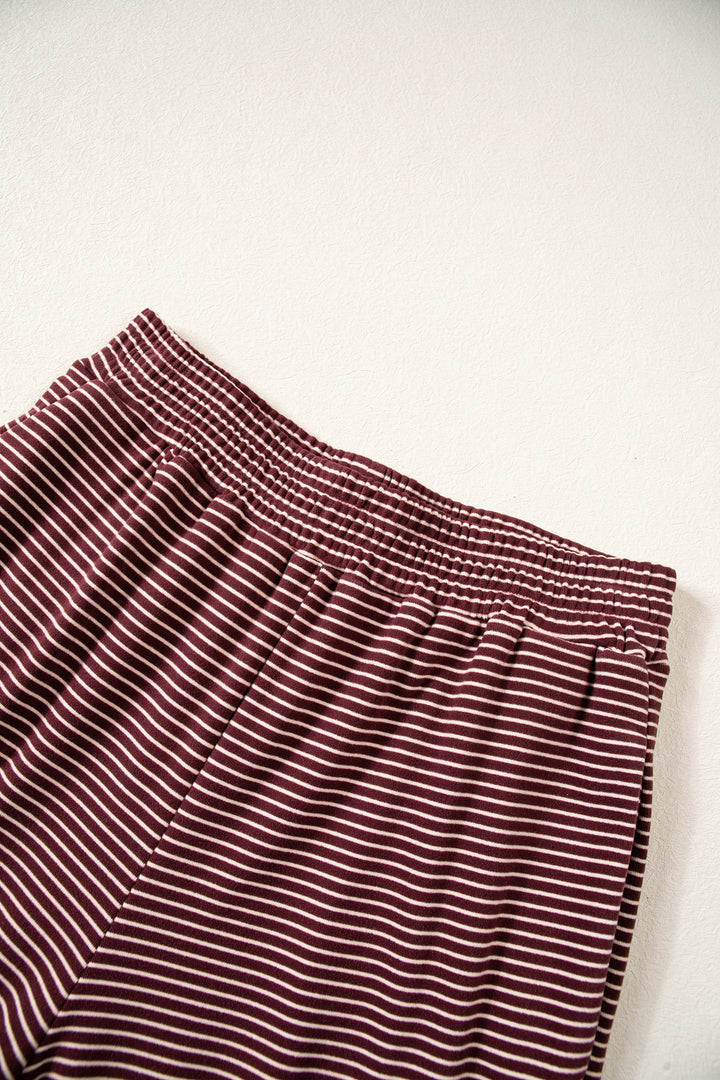 Brown Stripe Contrast Trim Round Neck Oversize Long Sleeve Top 2pcs Pant Set
