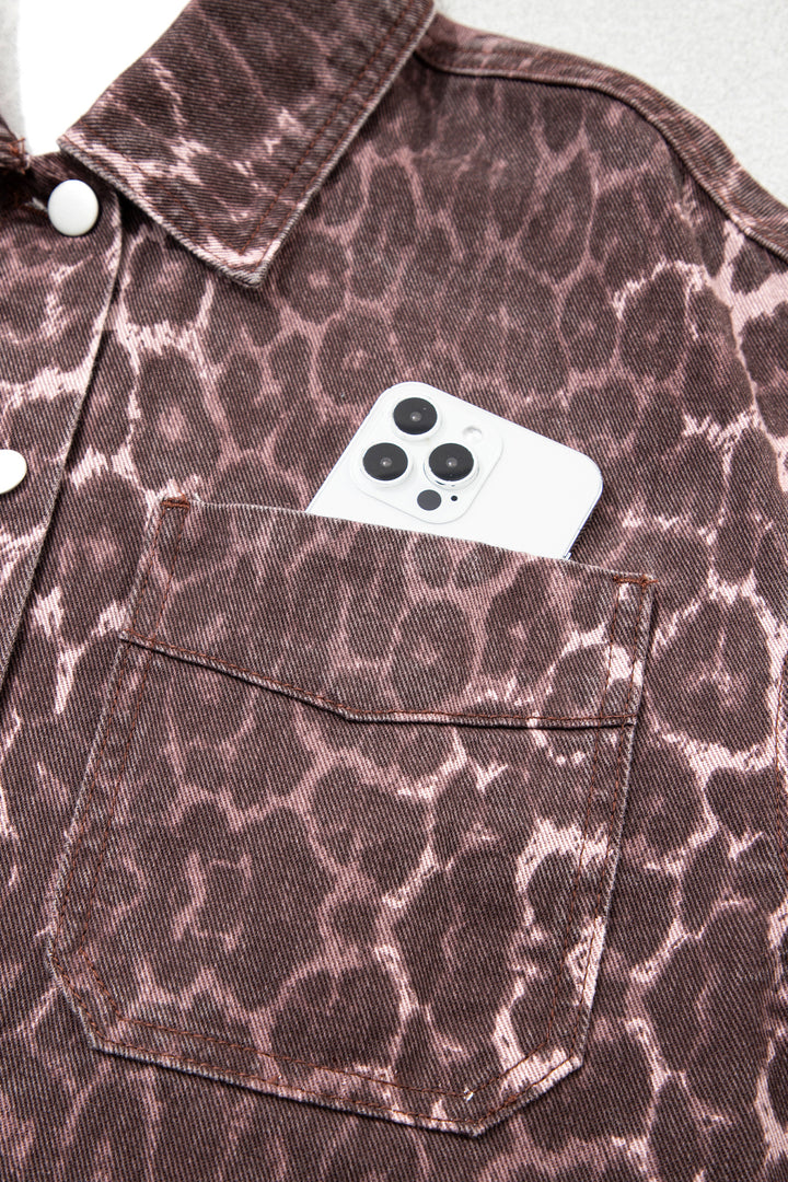 Khaki Oversized Leopard Print Long Sleeve Patch Pocket Denim Jacket