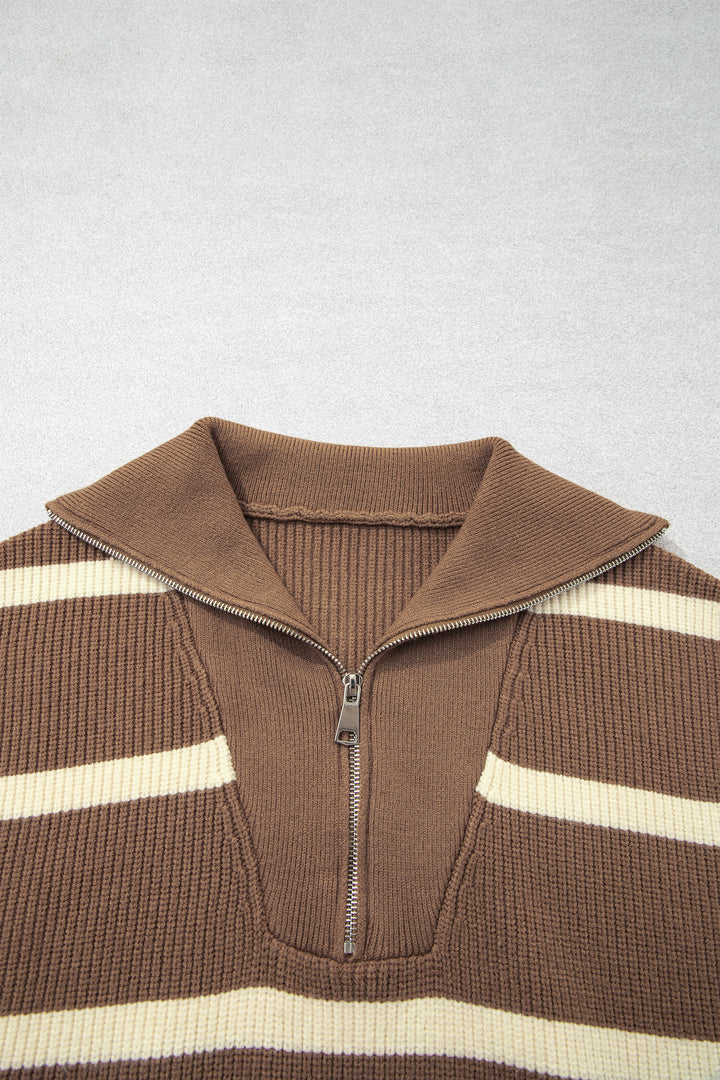 Brown Stripe Striped Colorblock Drop Shoulder V Neck Tunic Sweater T-shirt