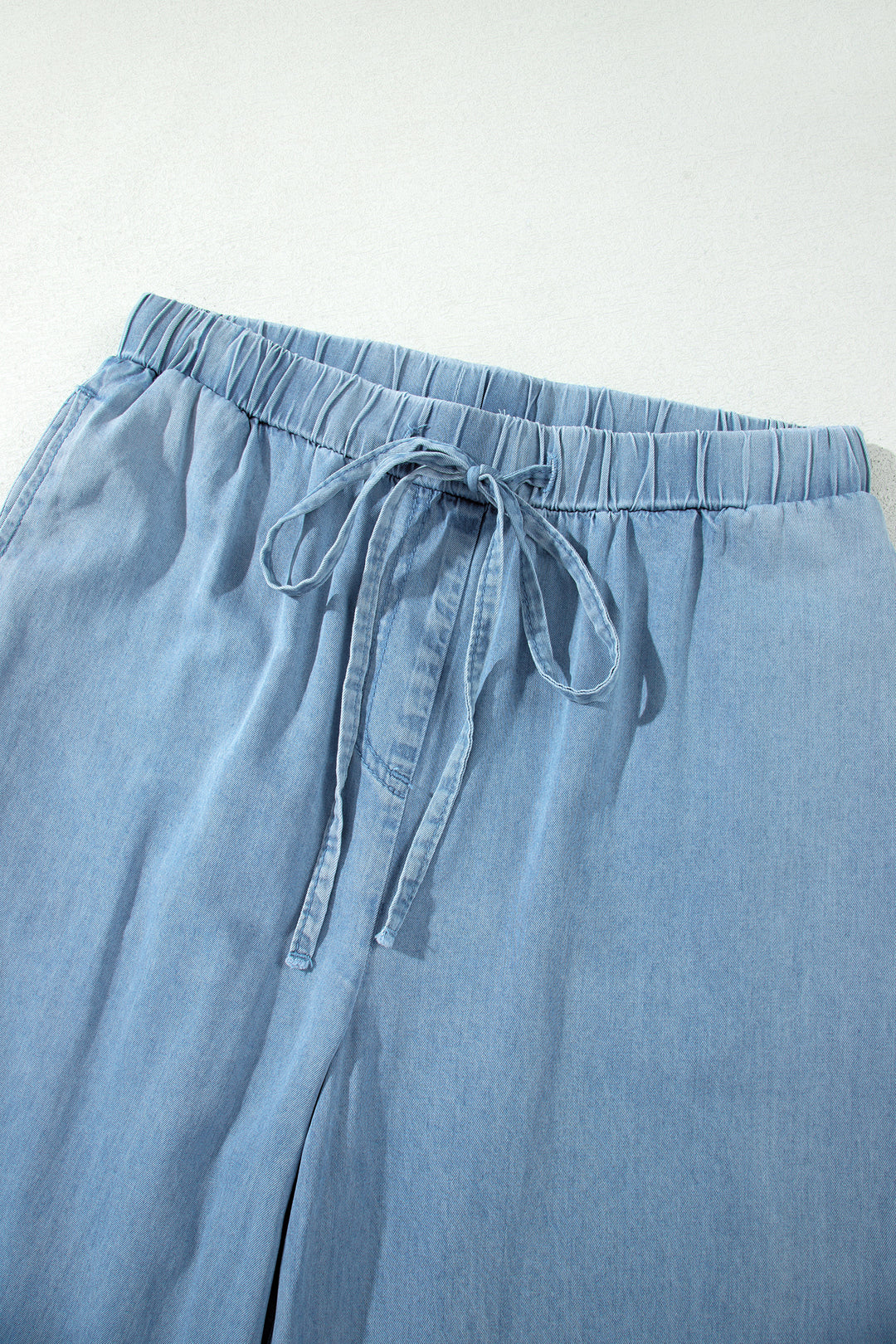 Casual Beau Blue Ruffled Hem Wide Leg Chambray Pants