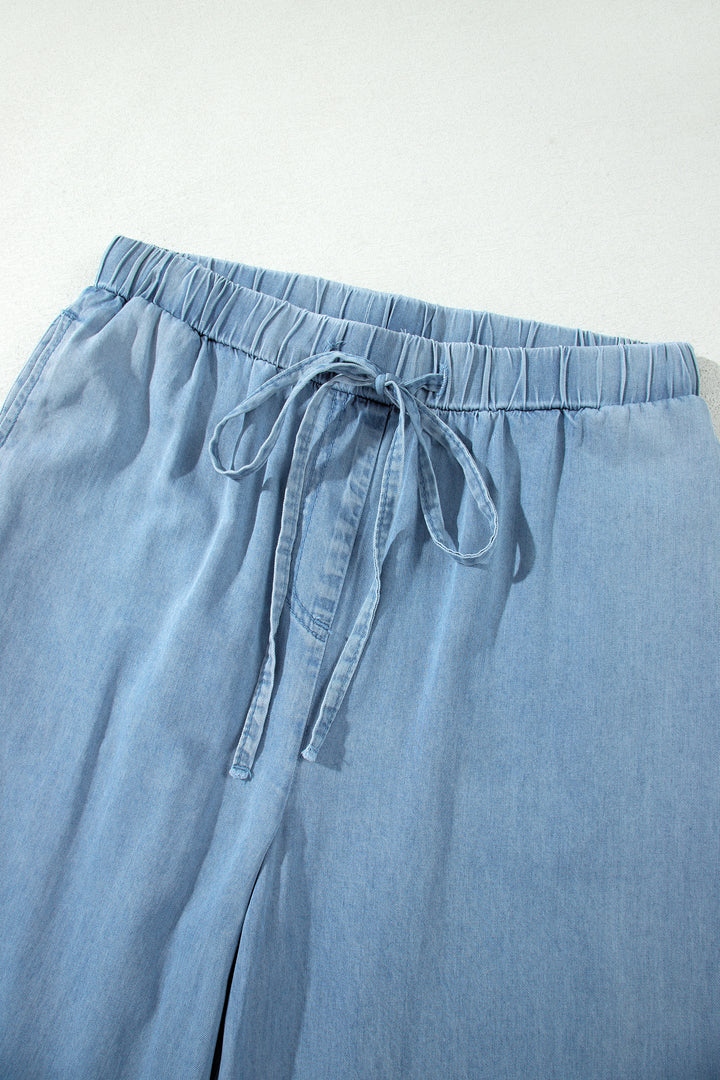 Casual Beau Blue Ruffled Hem Wide Leg Chambray Pants