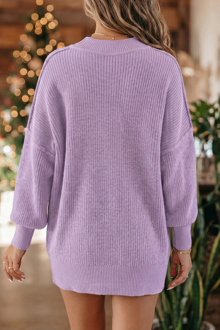 Orchid Bouquet Ribbed Knit Stand Neck Regular Fit Pullover Sweater