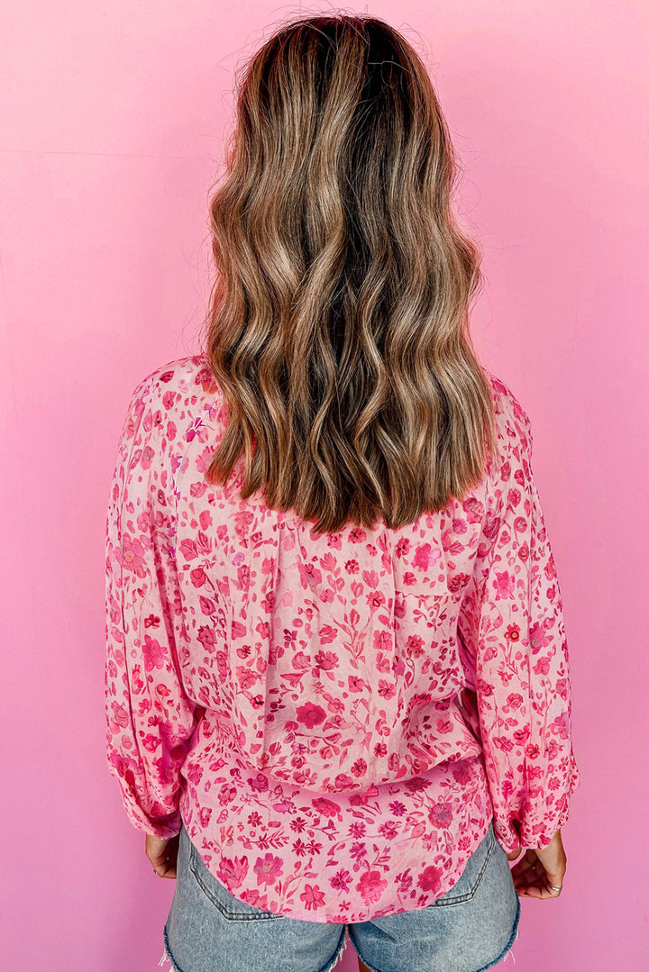 Floral Puff Sleeve Split Neck Lightweight Blouse