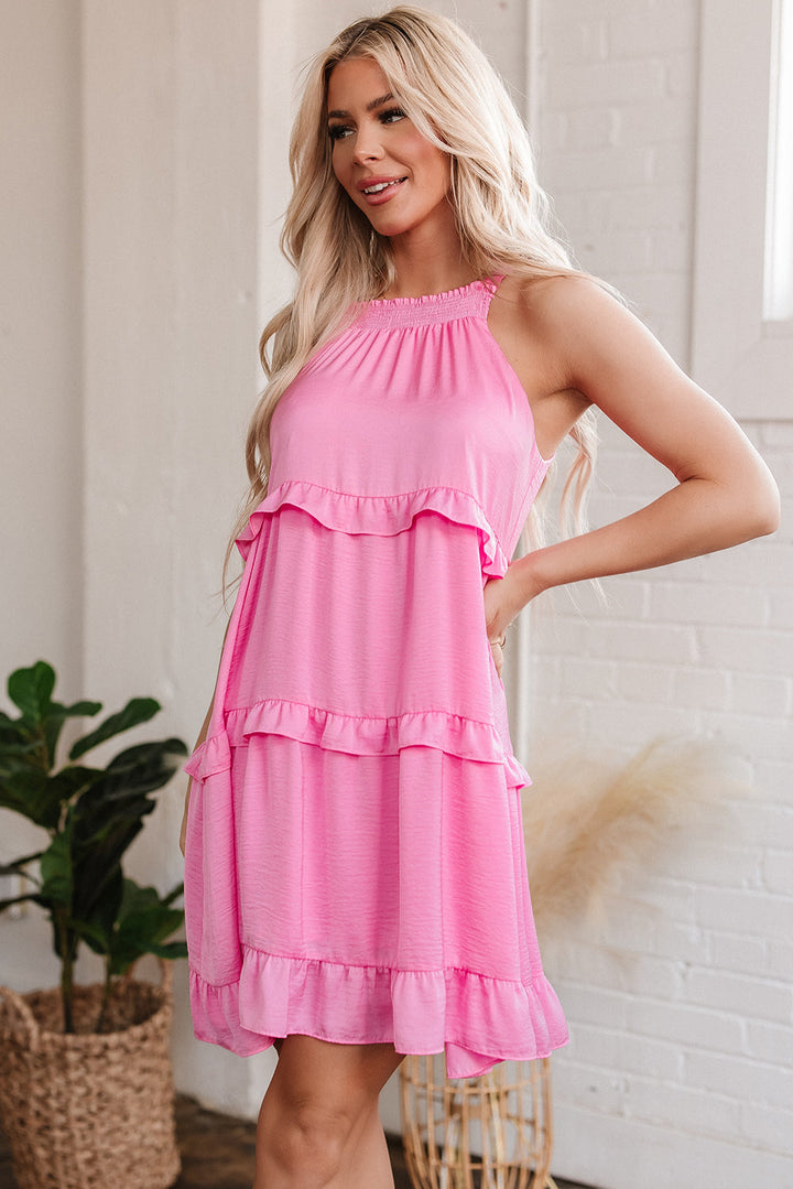 Smocked Neck Knot Back Frilly Tiered Sleeveless Mini Dress