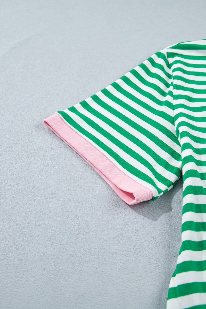 Green Stripe Nautical Tie Contrast Trim Round Neck T Shirt Mini Dress