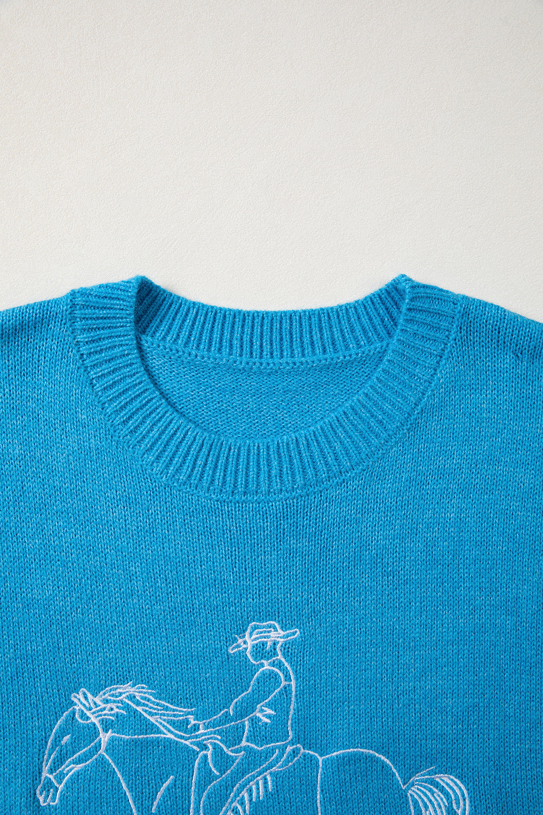 Sky Blue Western Embroidery Drop Shoulder Pullover Sweater