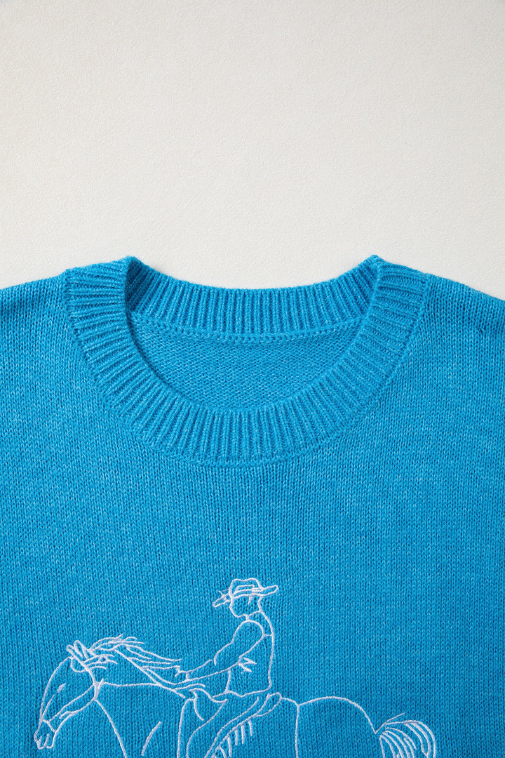 Sky Blue Western Embroidery Drop Shoulder Pullover Sweater