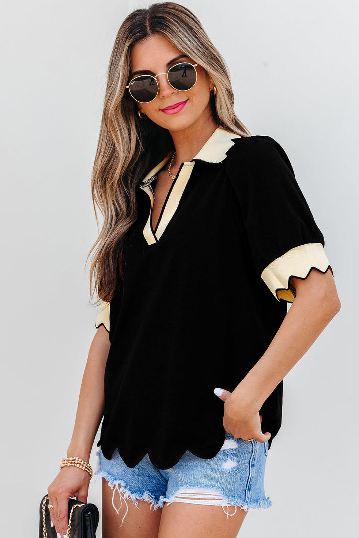 color contrast collared v neck puff sleeve blouse