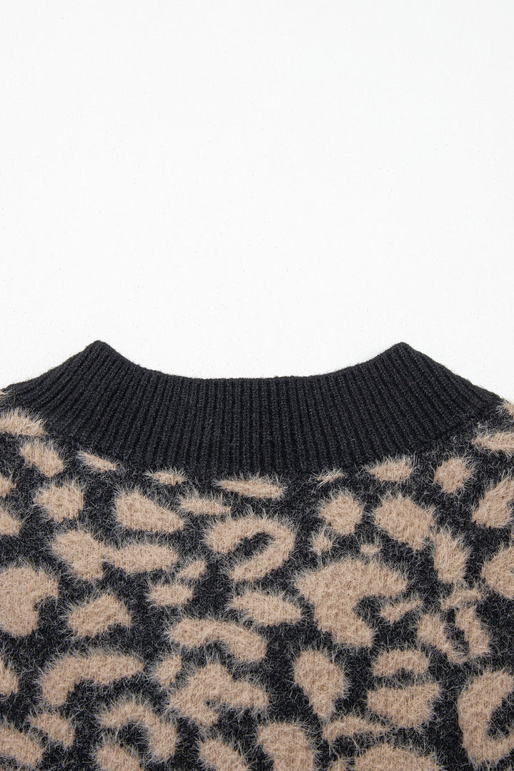 Black Leopard Print Knit Sleeveless Regular Wash Sweater Vest
