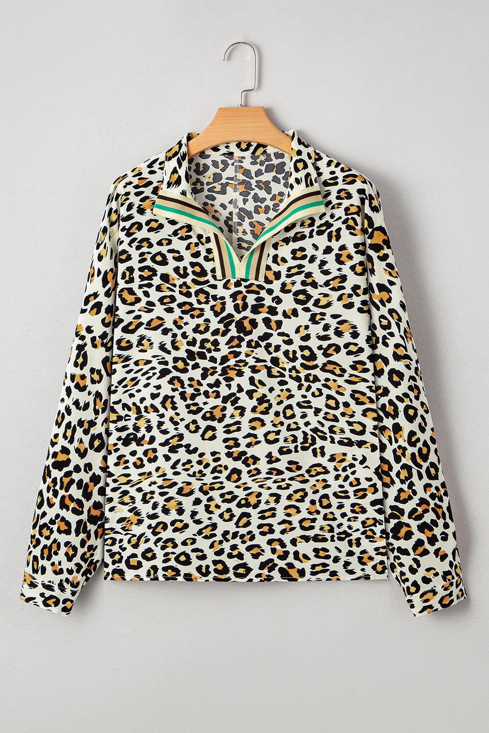 Leopard Print Contrast Striped V Neck Blouse