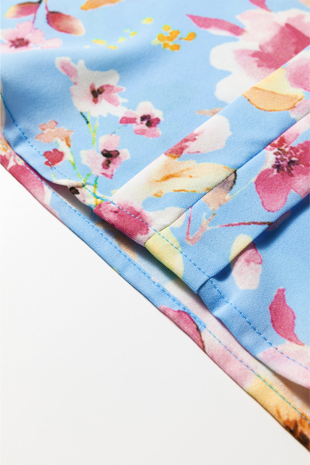 Sky Blue Floral Smocked Cuff Flounce Sleeve V Neck Blouse