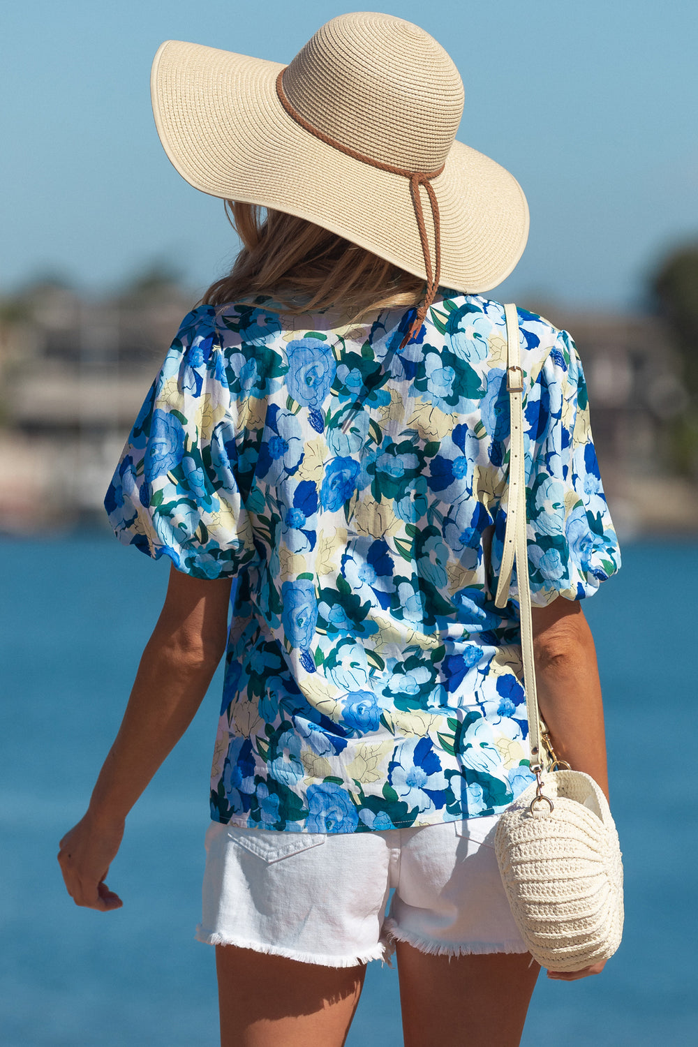 Floral Print Short Puff Sleeve V Neck Blouse