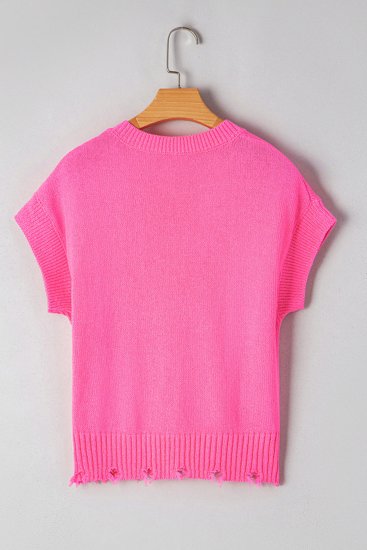 Distressed Hem Short Sleeve Knitted Button Front Sweater