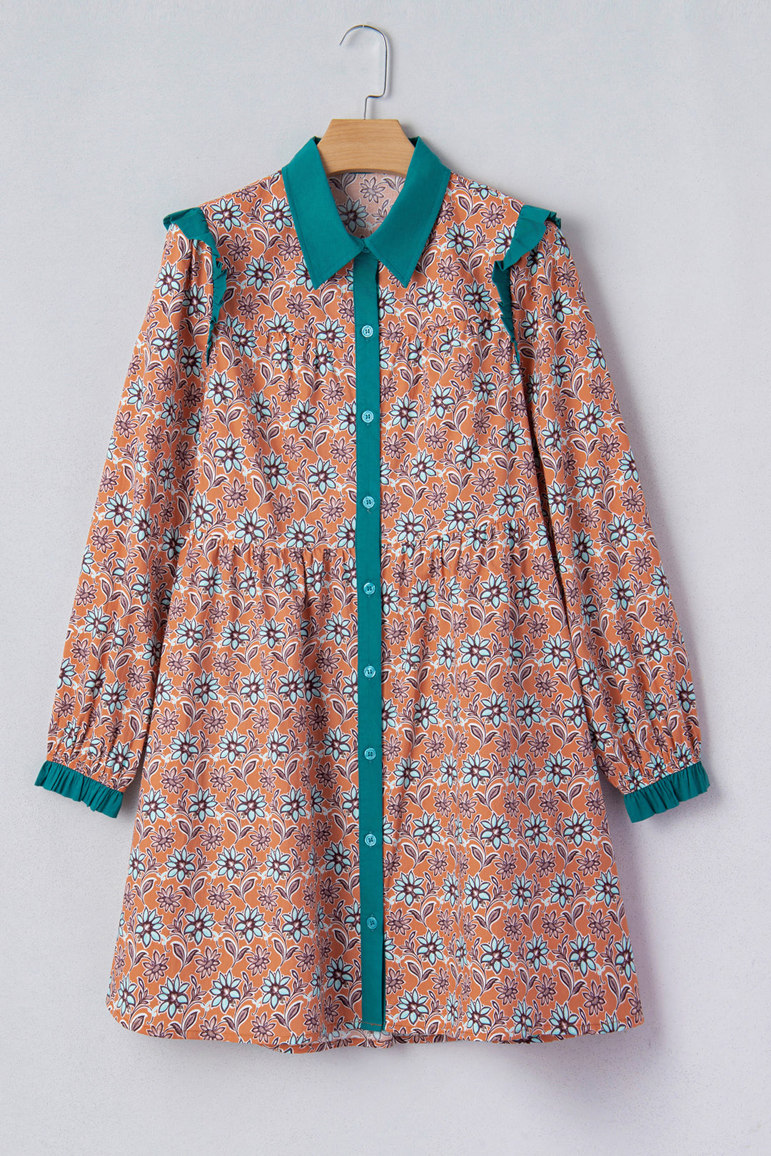 Boho Floral Contrast Collared Shirt Mini Dress