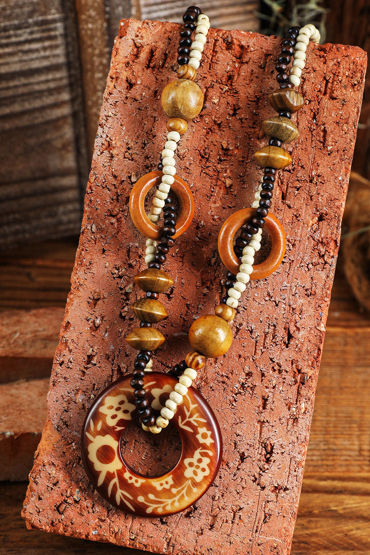 Vintage Beaded Wooden Pendant Necklace