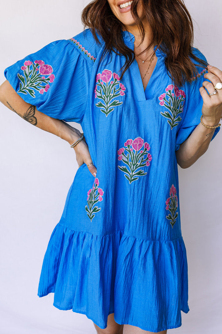 Blue Flower Embroidered Split Neck Short Sleeve Ruffle Hem Dress