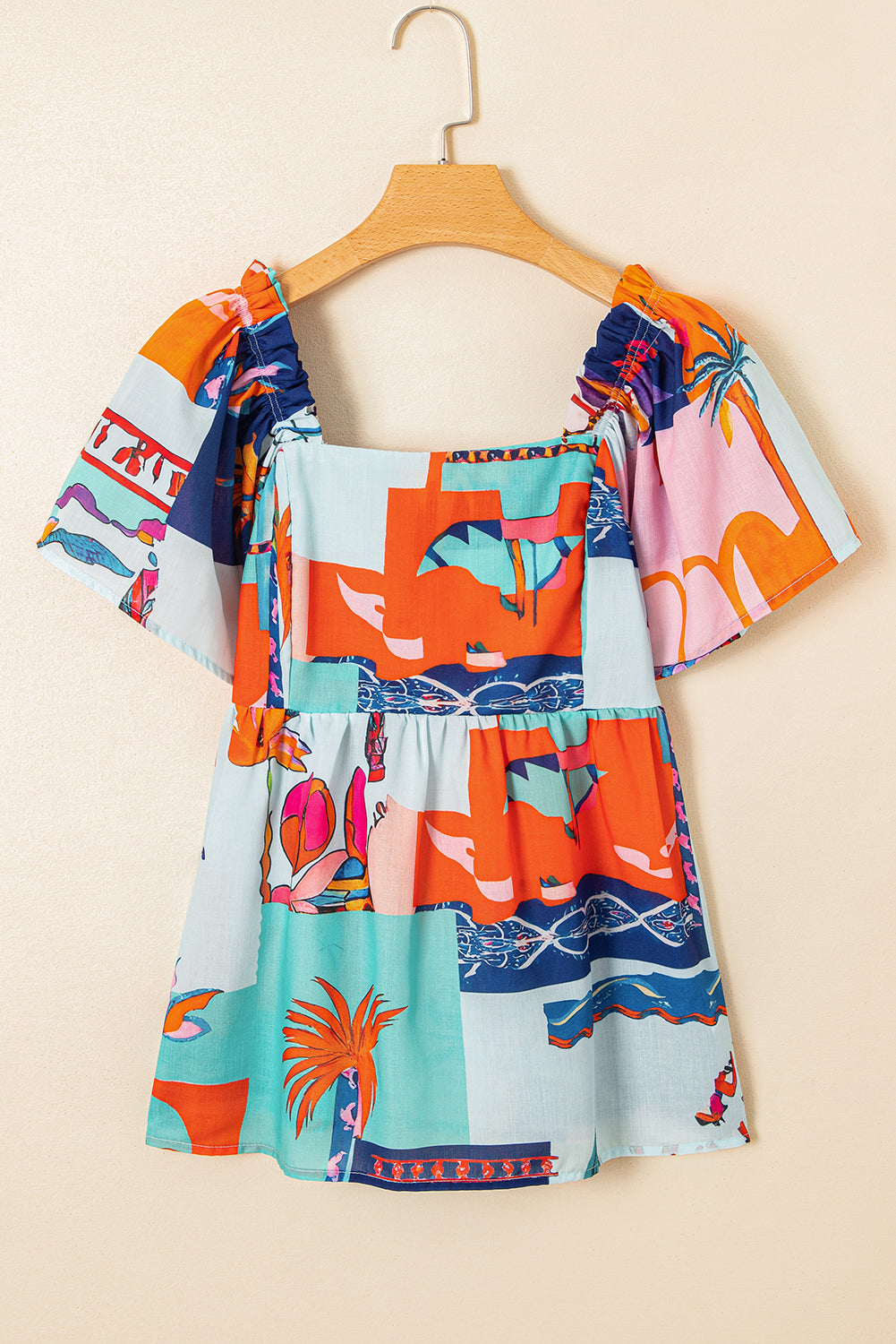 tropical printed square neck flutter sleeve babydoll blouse