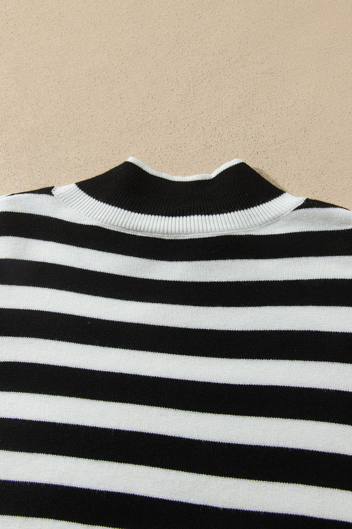 Black Striped High Neck Contrast Ruffle Detail Casual Sweater