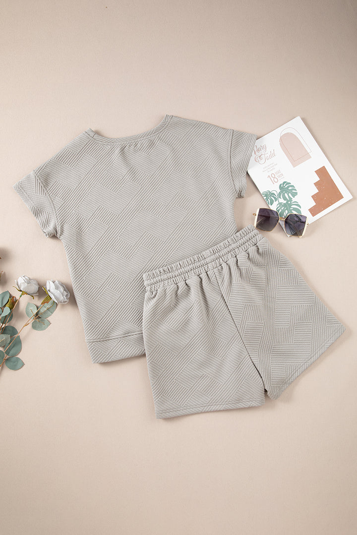 Gray Solid Color Textured Loose Top Casual Two Piece Short Set