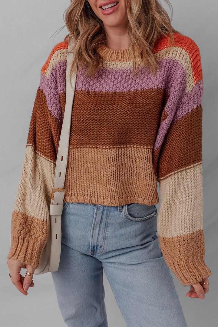 Cropped Colorblock Drop Shoulder Chunky Knitted Sweater
