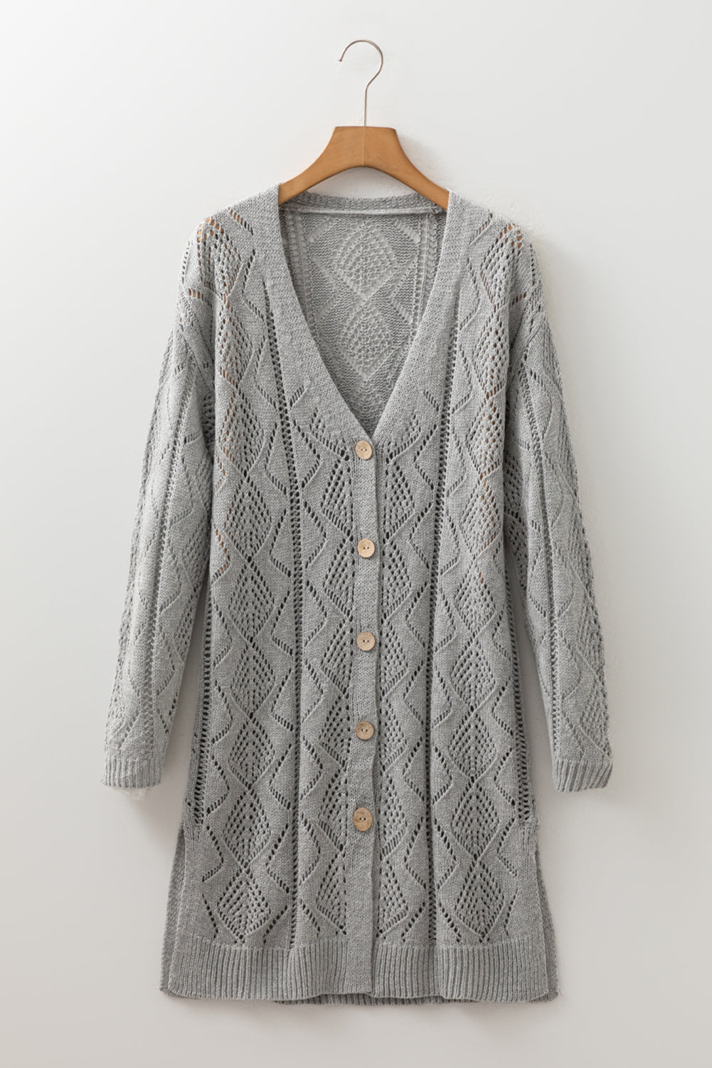 Gray Hollow-out Openwork Cotton Knit Cardigan