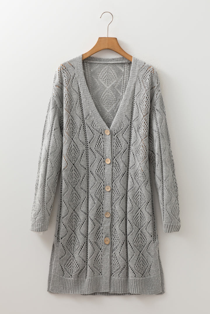 Gray Hollow-out Openwork Cotton Knit Cardigan