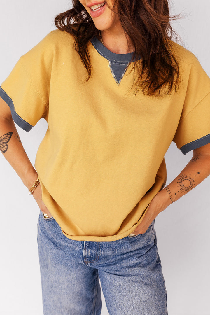 Contrast Trim Raw Hemline Short Sleeve Loose Top