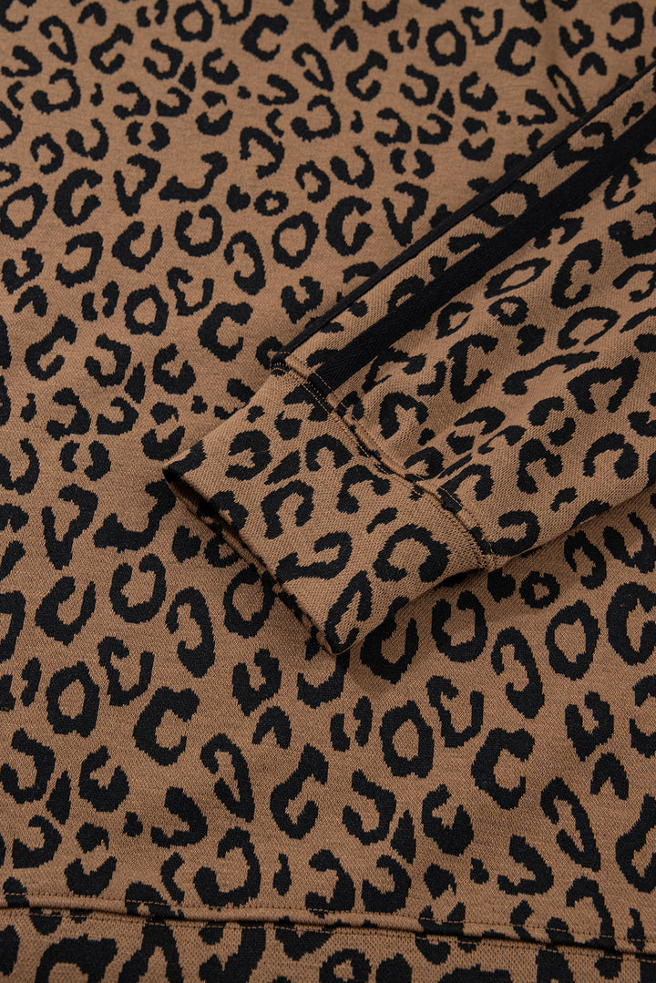 Brown Varsity Striped Trim Leopard Long Sleeve Top Drawstring Pant Set