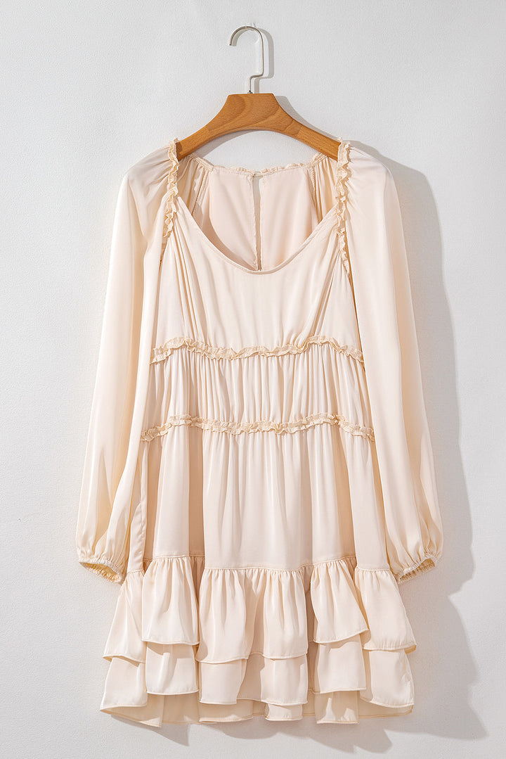 Tiered Ruffled Puff Sleeve Loose Fit Mini Dress