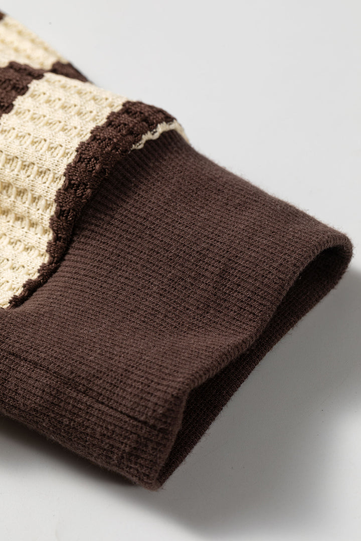 Brown Stripe Patchwork Ribbed Cuff Casual Pullover Sweatshirt