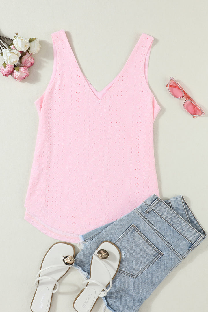 Light Pink Eyelet Knit Patterned Loose V Neck Tank Top