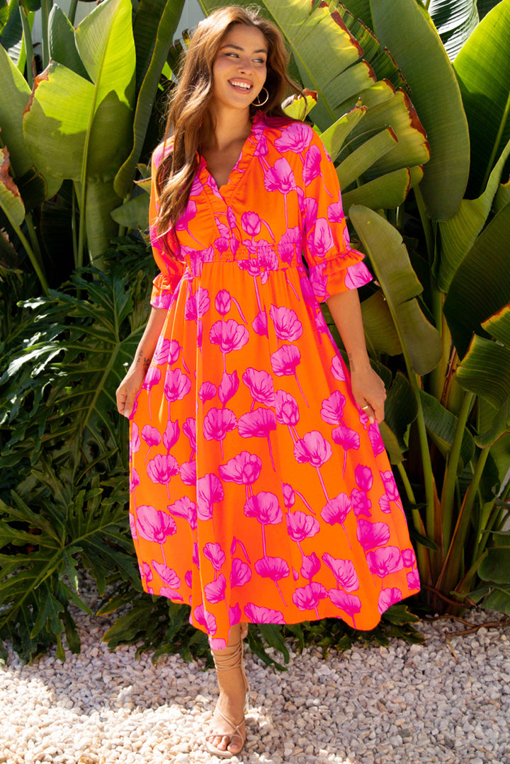 Floral Print Frilly Smocked V Neck 3/4 Sleeve Long Dress