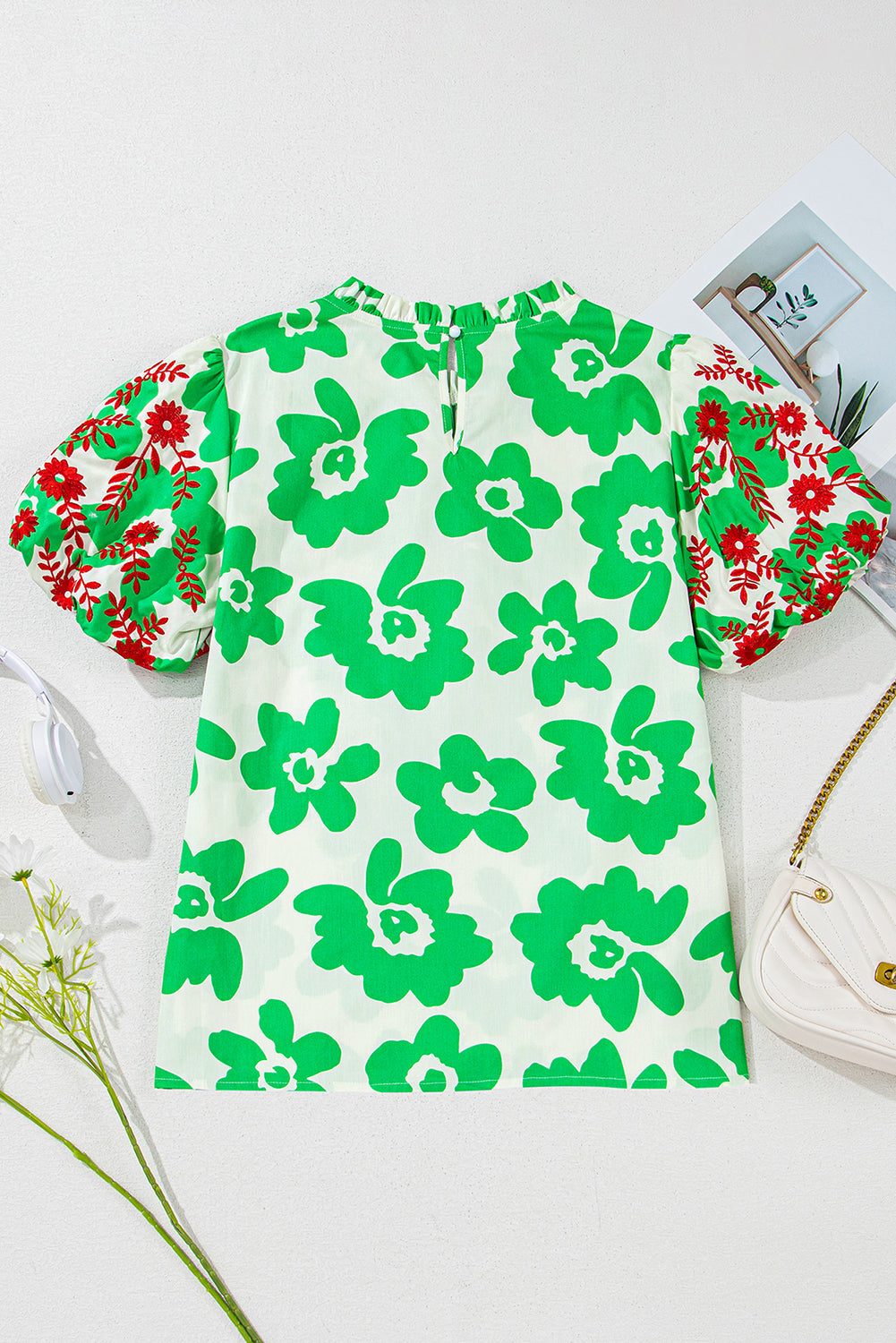 Contrast Embroidered Puff Short Sleeve Floral Blouse