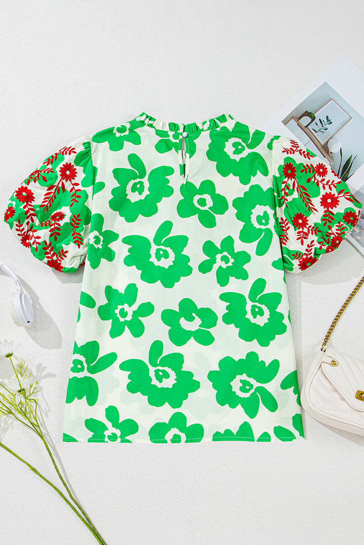 Contrast Embroidered Puff Short Sleeve Floral Blouse