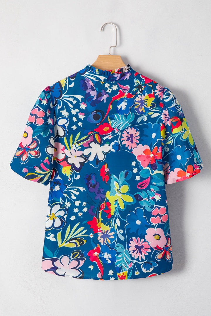 flower print collared v neck puff short sleeve loose blouse