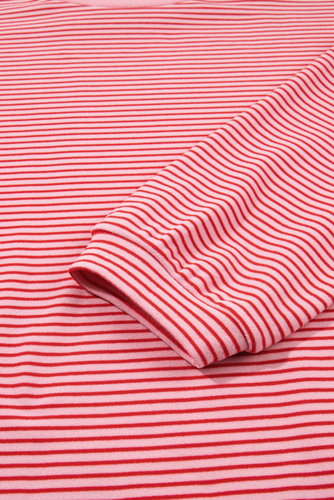 Pink Stripe Contrast Trim Round Neck Oversize Long Sleeve Top 2pcs Pant Set